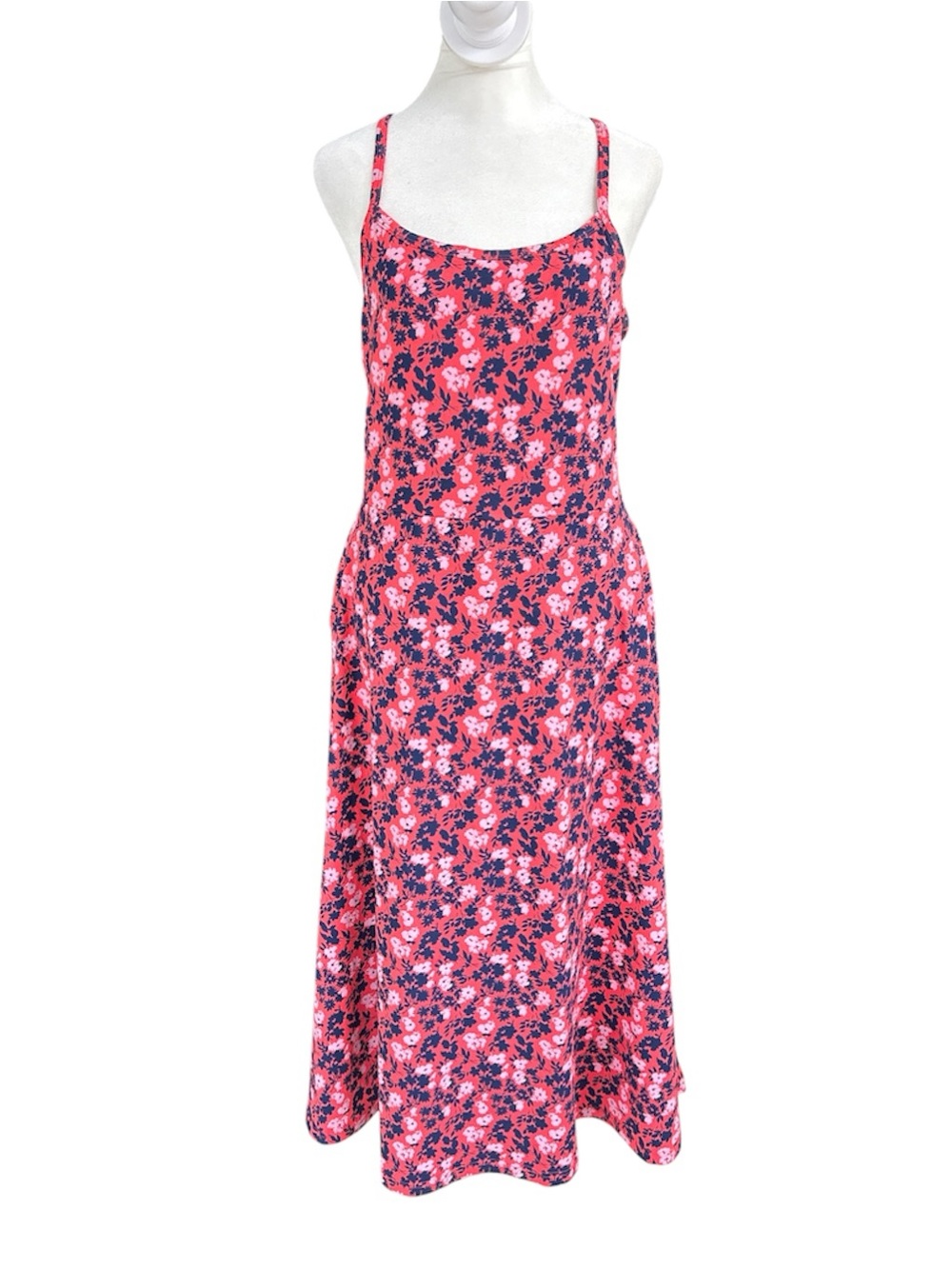 Pact Organic Fit & Flare Midi Dress Pink/Navy L - Picture 2 of 7